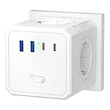 BURNNOVE Multipresa Elettrica Cubo 4000W, 8 in 1 Presa USB da Parete con 2 Porta USB C, 2 Tipo A , 4 Schuko Prese AC, con Interruttore per Casa, Ufficio, Viaggi, Bianco